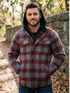 Hurley Men's Red & Gray Plaid Quilted Hooded Field Jacket